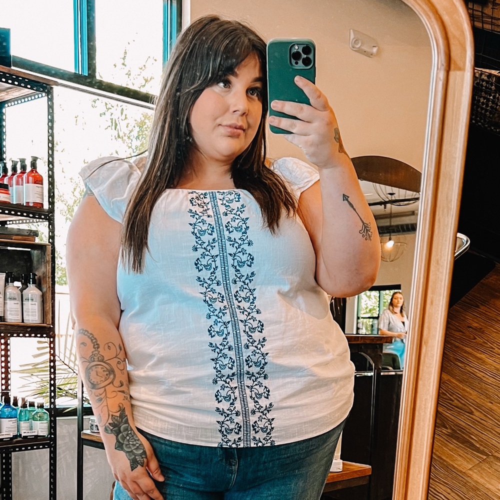 Lane Bryant Ruffled Fitted Blouse in White and Blue